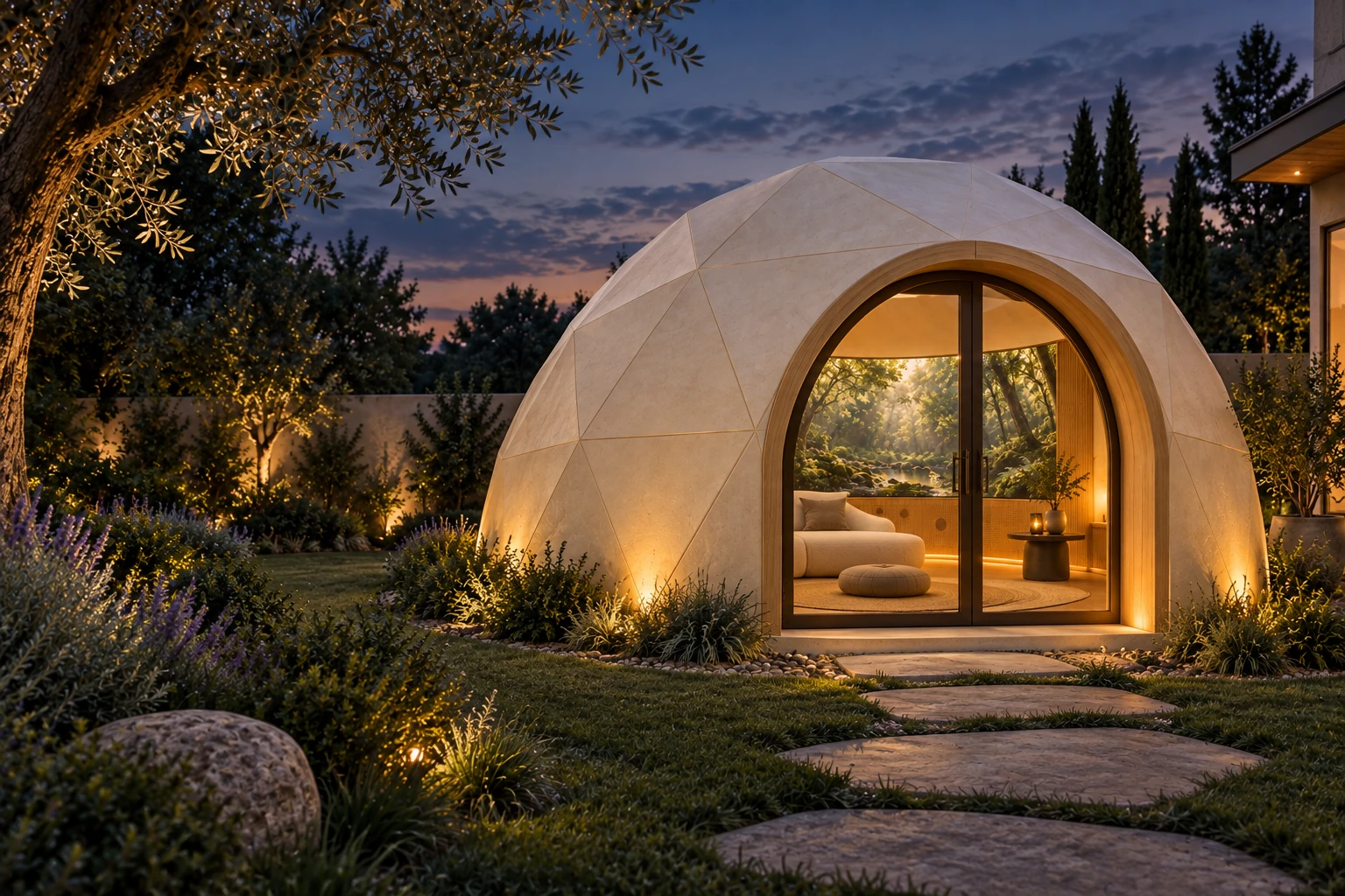 Visualización conceptual de un domo de jardín con cubierta sólida, acceso acristalado en arco y un ambiente de bosque en su pantalla interior